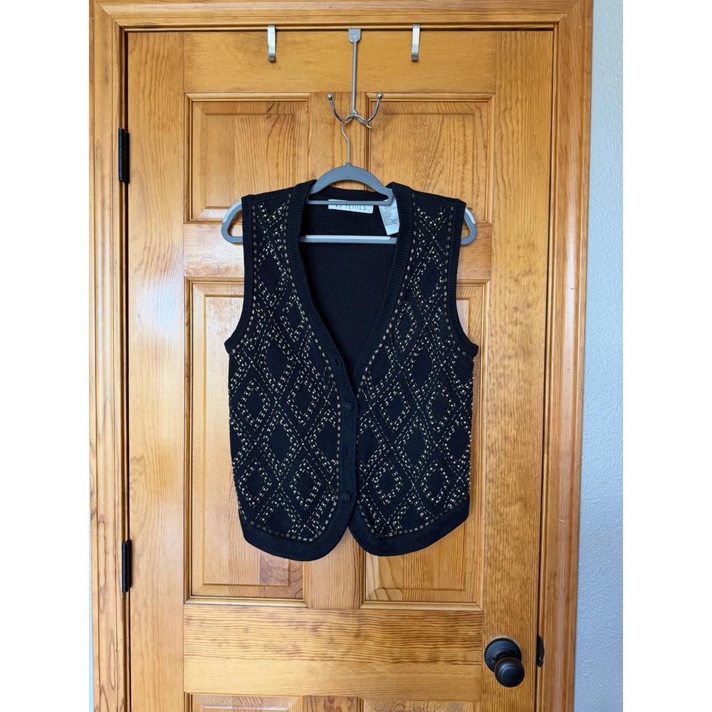 VJ Petites Black Beaded Sweater Vest Petite Large Geometric Diamond Knit V-Neck